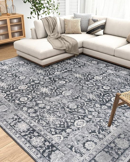 ReaLife Rugs Machine Washable Area Rug - Living Room Bedroom Bathroom Kitchen Entryway Office - Padded Low Pile Stain Resistant Premium - Boho Farmhouse Vintage - Noor - Dark Gray Ivory 5' x 7'