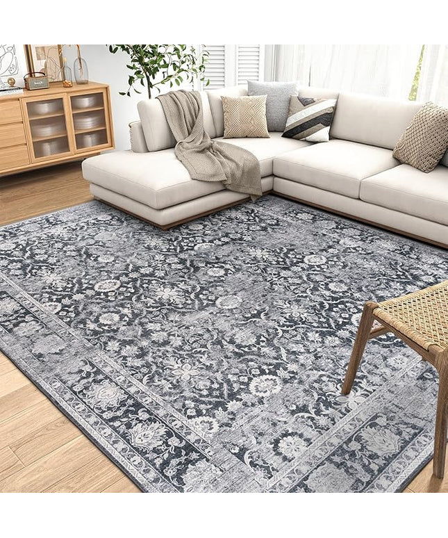 ReaLife Rugs Machine Washable Area Rug - Living Room Bedroom Bathroom Kitchen Entryway Office - Padded Low Pile Stain Resistant Premium - Boho Farmhouse Vintage - Noor - Dark Gray Ivory 5' x 7'