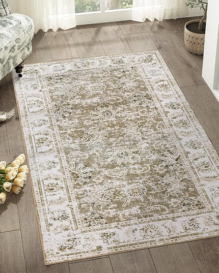 jinchan Fiora Washable Area Rug 3x5 Entryway Rug - Distressed Vintage Floral Ultra-Thin Low-Pile Soft Non-Shedding Indoor Floor Carpet for Kitchen Bedroom Entrance Laundry Living Room(3x5ft, Taupe)