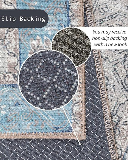 GLN Rugs Traditional Collection - Machine Washable Area Rug, Traditional Washable, Non Slip, Low Pile Chenille Rug, Living Room, Bedroom, Kitchen Rug (2'x3' Brown/Blue)