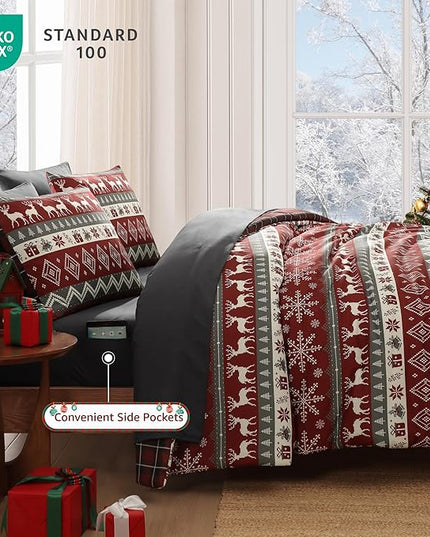 MaiRêve Christmas Full Comforter Sets, Red Reindeer Snowflake Bed Set for Holiday, Reversible Plaid Checkered Comforter Bed in a Bag, Soft Bedding Set 7 Pieces with Sheets, Pillowcases & Shams