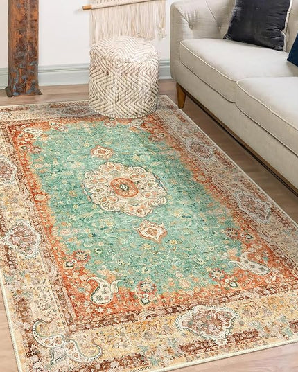 Boho Rug 3x5,Washable Area Rugs for Bedroom Living Room Kitchen Entryway,Small Boho Vintage Bohemian Distressed Farmhouse Non Slip Carpet,Retro Orange Green Floral