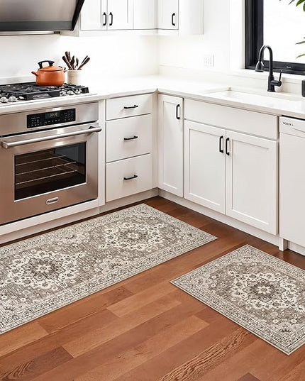 Washable Entryway 2x5 Rug - Small Throw Runners for Kitchen Bathroom Bedroom Non-Slip Ultra-Thin Indoor Door Mat Indoor Entrance - Stain Resistant Vintage Home Decor (Beige, 2X5)