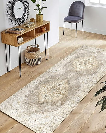 MUJOO Beige Runner Rug 2'x6', Long Washable Rug Runners for Hallways Entryway Kitchen Bathroom Bedside,Boho Vintage Bohemian Distressed Farmhouse Non Slip Carpet,Floral