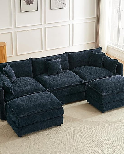 Modular Sectional Sofa, 112.2 Inch U Shaped Couch Set with Armrests, 3-Seater Comfy Cloud Couches with Movable Ottoman for Living Room Apartment, Blue