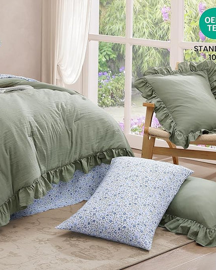 King Comforter Set - 7 Pieces Ruffle Sage Green Bedding Sets, Shabby Chic Farmhouse Bed in a Bag King with Ruffle Comforter, Floral Sheets, Pillowcases & Shams