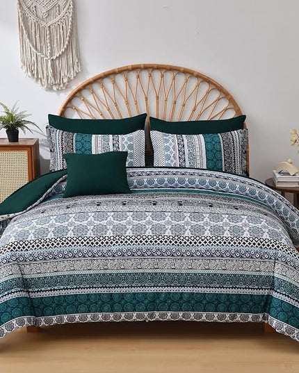 Cottolester Boho Comforter Set King Size,8 Pieces Emerald Green Bohemian Striped Bed in a Bag,Paisley Soft Microfiber Bedding Comforter Set
