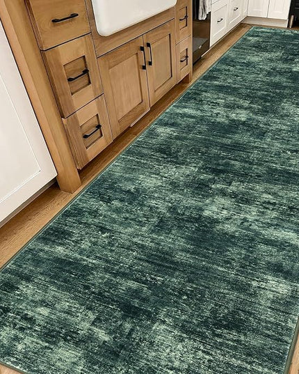 IOHOUZE Abstract Runner Rug 3x14 Ft Washable Runners for Hallways, Non Slip Kitchen Runner Printed Faux Wool Entryway Runner Indoor, Modern Abstract Floor Carpet for Hall Stair, Dark Green