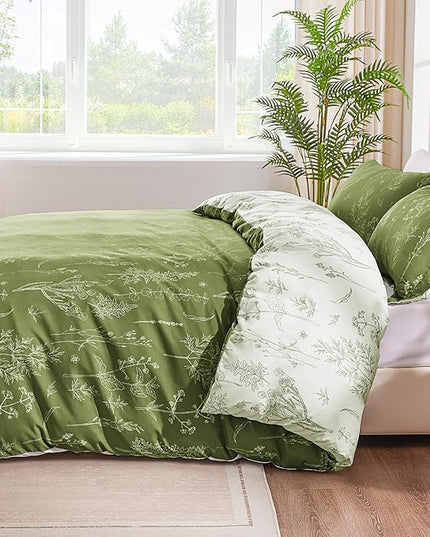 Love's cabin Olive Green Queen Comforter Set - Queen Size Comforter Set, 3 Pieces Cute Floral Bedding Sets for All Seasons,1 Soft Reversible Botanical Flowers Comforter and 2 Pillow Shams