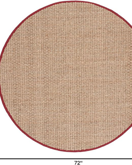 SAFAVIEH Area Rug 6' Round - Natural Fiber Collection - Natural & Red, Seagrass, Basketweave Pattern with Border (NF114D)