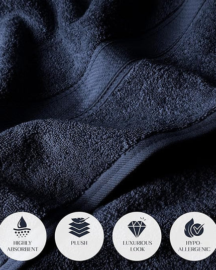 Superior Egyptian Cotton Pile Bath Towel Set of 2, Ultra Soft Luxury Towels, Thick Plush Essentials, Absorbent Heavyweight, Guest Bath, Hotel, Spa, Home Bathroom, Shower Basics, Navy Blue