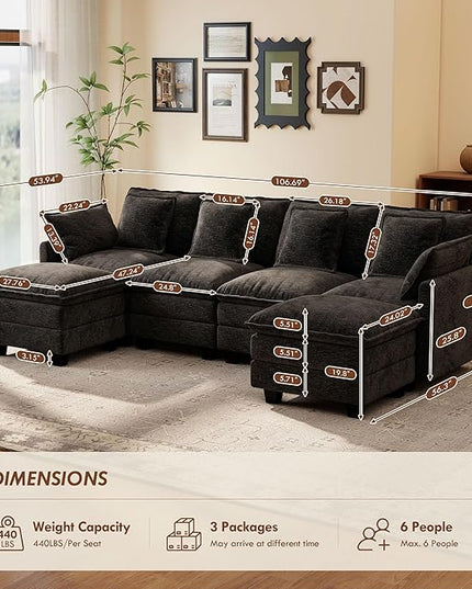 Ihanherry 106" U-Shaped Modern Sofa Modular Sectional Cloud Couch 6-Seat Chenille Seat Sofa with Ottoman for Living Room, Bedroom and Apartment, Black