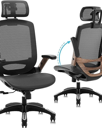 GABRYLLY Ergonomic Office Chair, High Back Home Desk Chair with Headrest, Flip-Up Arms, 90-120° Tilt Lock and Wide Cushion, Big and Tall Mesh Chairs for Man Woman, Black Task Chair(Dark Woodgrain)