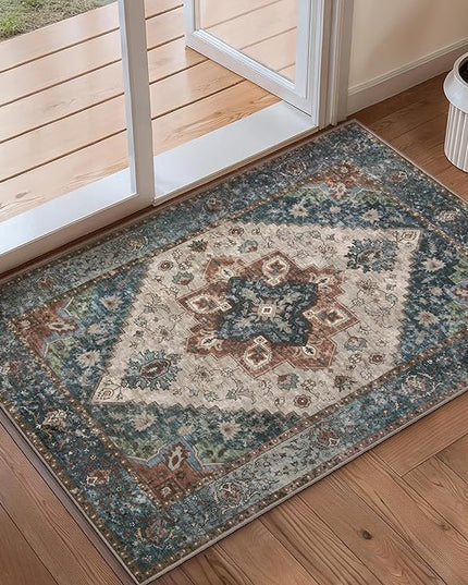 Ciicool Washable Vintage Area Rug, 2x3ft Small Boho Rug, Ultra Soft Rugs for Entryway, Non-Slip Entry Rugs Oriental Low-Pile Indoor Mat Floor Carpet for Entrance Bedroom Kitchen Bathroom Foyer Decor