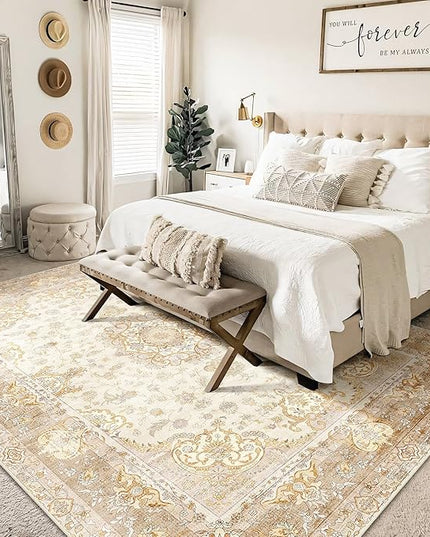 5'x7' Area Rugs Washable,Boho Rug for Living Room Bedroom,Large Vintage Bohemian Distressed Oriental Carpet Non Slip,Beige Gold Floral