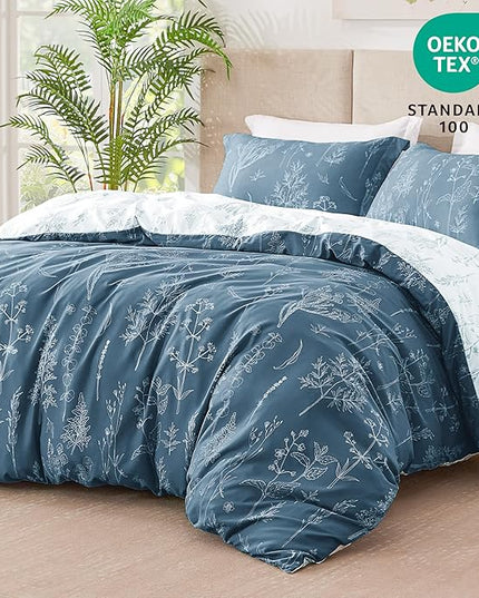 Love's cabin Bluish Grey Comforter Set Queen - Queen Size Comforter Set, 3 Pieces Cute Floral Bedding Sets for All Seasons,1 Soft Reversible Botanical Flowers Comforter and 2 Pillow Shams