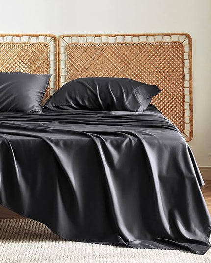 Bedsure California King Sheet Sets, Cooling Sheets for Hot Sleepers, Rayon Derived from Bamboo, Breathable & Soft, Deep Pocket Up to 16 Inches, Hotel Luxury Silky Bedding, Black