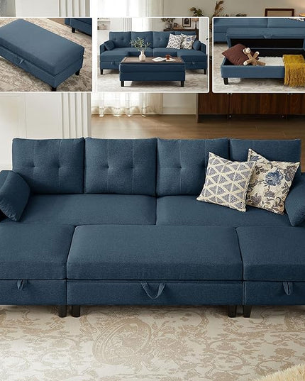 Convertible Sectional Sofa with Storage Ottoman Bench, 101" U Shaped Couch 4-Seat Sofa Set for Living Room/Apartment, Sectional Couch with Movable Ottoman, Blue