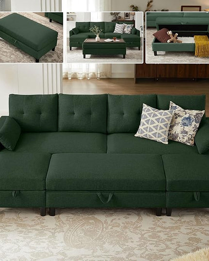 Convertible Sectional Sofa with Storage Ottoman Bench, 101" U Shaped Couch 4-Seat Sofa Set for Living Room/Apartment, Sectional Couch with Movable Ottoman, Green