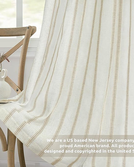 DriftAway Farmhouse Linen Blend Blackout Curtains 84 Inches Long for Bedroom Vertical Striped Printed Linen Curtains Thermal Insulated Lined Treatments for Living Room 2 Panels W52 x L84 Camel Beige