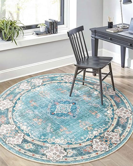 MUJOO Teal Round Rug 5ft,Circle Washable Area Rugs for Bedroom Living Room Bathroom,Boho Large Non Slip Circular Carpet,Floral