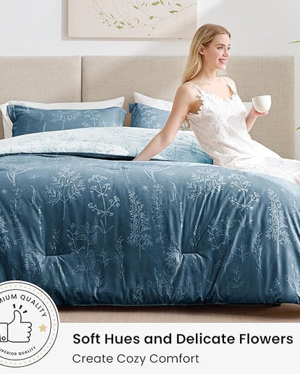 Love's cabin Bluish Grey Comforter Set Queen - Queen Size Comforter Set, 3 Pieces Cute Floral Bedding Sets for All Seasons,1 Soft Reversible Botanical Flowers Comforter and 2 Pillow Shams