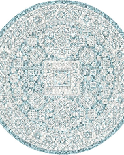 Rugs.com Outdoor Aztec Collection Rug – 4 Ft Round Aqua Flatweave Rug Perfect for Kitchens, Dining Rooms