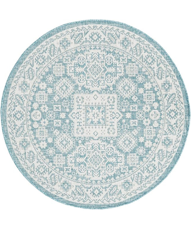 Rugs.com Outdoor Aztec Collection Rug – 4 Ft Round Aqua Flatweave Rug Perfect for Kitchens, Dining Rooms