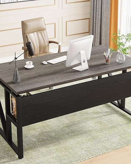 Tribesigns 55 inches Computer Desk with Bottom Storage Shelf Home Office Desk Writing Table for Workstation,Dark Walnut + Steel Leg， Cabinet not Included (Grey, 55-inch -with Shelf)