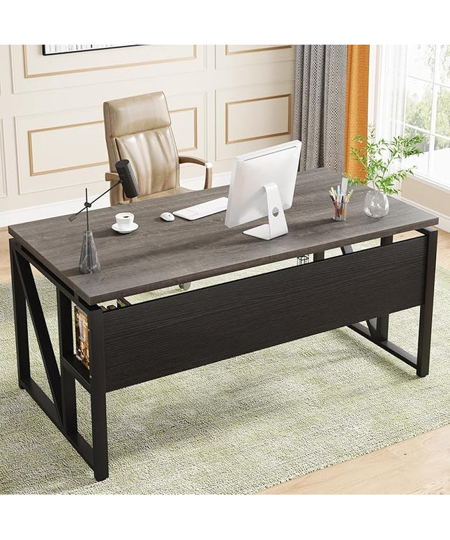 Tribesigns 55 inches Computer Desk with Bottom Storage Shelf Home Office Desk Writing Table for Workstation,Dark Walnut + Steel Leg， Cabinet not Included (Grey, 55-inch -with Shelf)