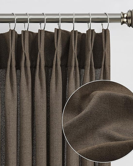 Brown Pleated Linen Curtains 120 Inches Long Farmhouse Semi Sheer Memory Trained Shape Pinch Pleat Drapes with Hooks Back Tab Ripple Fold Curtain for Bedroom Living Room 42x120