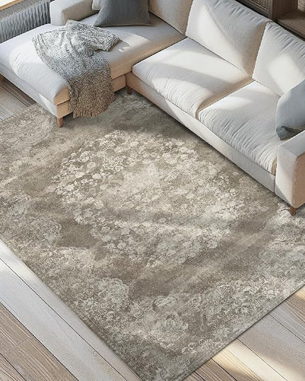 jinchan Vintage Floral 4x6 Area Rugs - Machine Washable Distressed Design Soft Ultra-Thin Low-Pile Non-Slip Carpet for Entryway Kitchen Bedroom Nursery Living Room Dining Room (4x6ft, Brown)