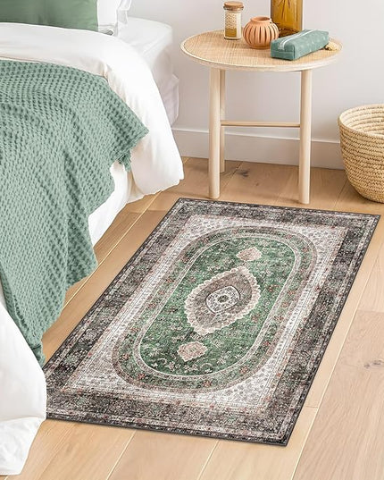 Small Rugs 2x3,Green Rug for Entryway Bathroom Bedroom Kitchen Entrance Doormat,Boho Vintage Bohemian Distressed Washable Oriental Accent Floor Throw Carpet Non Slip