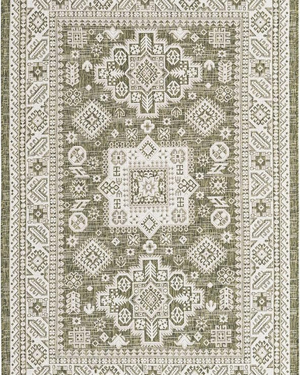 Rugs.com Outdoor Aztec Collection Rug – 5' x 8' Green Flatweave Rug Perfect for Living Rooms, Large Dining Rooms, Open Floorplans