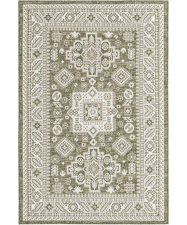 Rugs.com Outdoor Aztec Collection Rug – 5' x 8' Green Flatweave Rug Perfect for Living Rooms, Large Dining Rooms, Open Floorplans