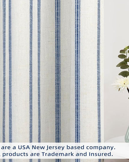 DriftAway Farmhouse Linen Blend Blackout Curtains 108 Inches Long for Bedroom Vertical Striped Printed Linen Curtains Thermal Insulated Lined Treatments for Living Room 2 Panels W52 x L108 Navy