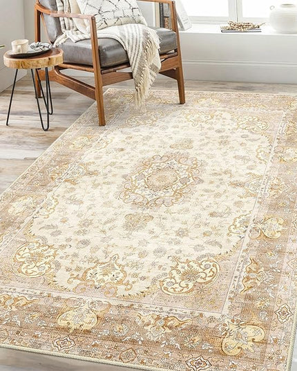 Boho Rug 3'x5',Washable Area Rugs for Bedroom Living Room Kitchen Entryway Bedside,Small Vintage Bohemian Distressed Non Slip Carpet,Beige Gold Floral