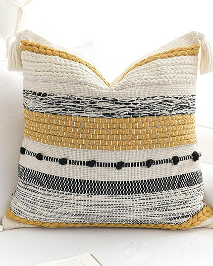 BlissBlush Yellow Mustard Decorative Throw Pillow Cover 18x18 Square Boho Accent Pillowcase Tassels Farmhouse Cushion for Couch Sofa Bedroom Living Room Home Décor Cover ONLY