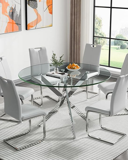 HomVent 7 Piece Round Glass Dining Table Set, Round Glass Kitchen Table Set for 6 with 6 PU Upholstered Dining Chairs for Kitchen Dining Room