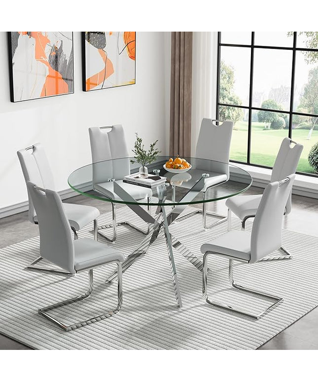HomVent 7 Piece Round Glass Dining Table Set, Round Glass Kitchen Table Set for 6 with 6 PU Upholstered Dining Chairs for Kitchen Dining Room