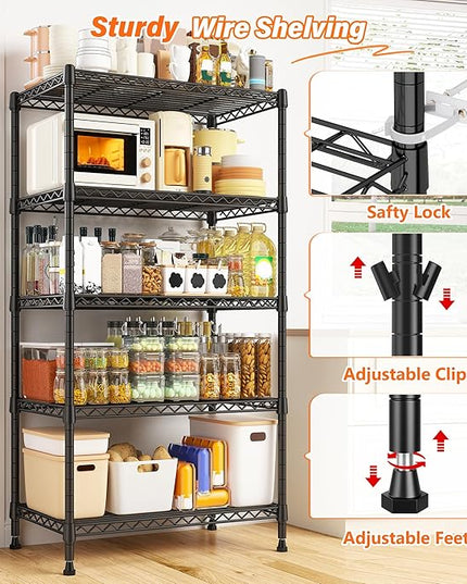 REIBII Metal Shelving 5 Tier Wire Sturdy Storage Shelves Adjustable Steel Organizer Wire Rack for Kitchen Laundry Room Commercial School Storage Room Black 63“Hx 21.65“L x 11.8”D