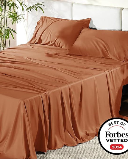 Bedsure King Size Sheets Set, Cooling Sheets for Hot Sleepers, Rayon Derived from Bamboo, Breathable & Soft, Deep Pocket Up to 16 Inches, Hotel Luxury Silky Bedding, Burnt Orange