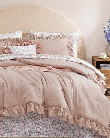 King Comforter Set - 7 Pieces Ruffle Pink Bedding Sets, Shabby Chic Farmhouse Bed in a Bag King with Ruffle Comforter, Floral Sheets, Pillowcases & Shams