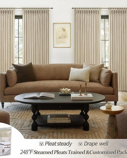Blackout Extra Wide 70 Inch Curtains 90 Inches Long for Bedroom 2 Panels Set, Natural Linen Memory Trained Pinch Pleated Double Layer Thermal Noise Cancelling Rustic Windows Drapes Room Divider 70x90