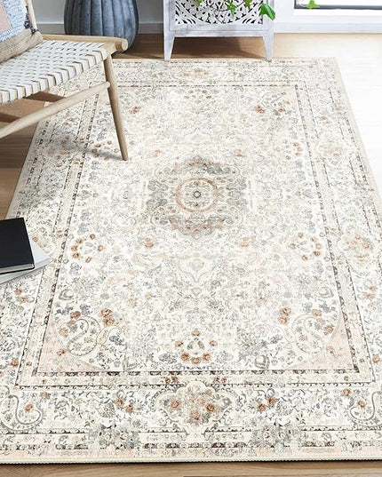 Boho Rug 4'x6.5',Washable Area Rugs for Bedroom Living Room Kitchen Entryway,Small Vintage Bohemian Distressed Non Slip Carpet,Beige