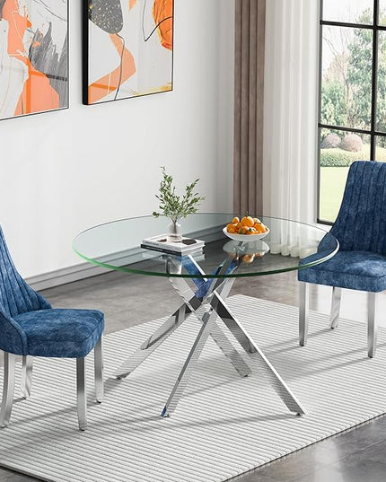 Round Glass Dining Table Set for 2, 47'' Clear Circular Kitchen Table and Chairs Set, 3PCS Modern Circle Dining Room Table Set with 2 Dining Chair for Home