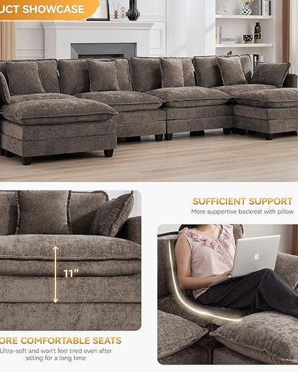 147'' Sectional Cloud Deep Seat Couch, Oversized Chenille U Shaped Sectional Sofa for Living Room Set, Comfy Upholstered Modular Sectional Sofa Couch with Movable Ottoman, Brown