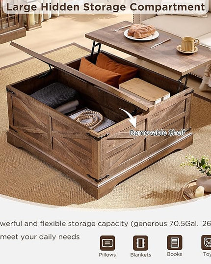 JXQTLINGMU Farmhouse Lift Top Coffee Table with Storage, 36" Wood Square Center Table with Large Hidden Compartment, Rustic Lift Tabletop Dining Table for Home Living Room, Light Brown
