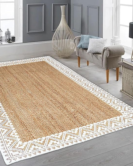 voyzz home 5X8 Feet-Rectangular, Premium Natural Jute Braided Area Rug, White Printed Border, Stain Resistance, Natural Brown, Handmade Rug for Entryways, Living Room, Dining Room, Bedroom, Farmhouse