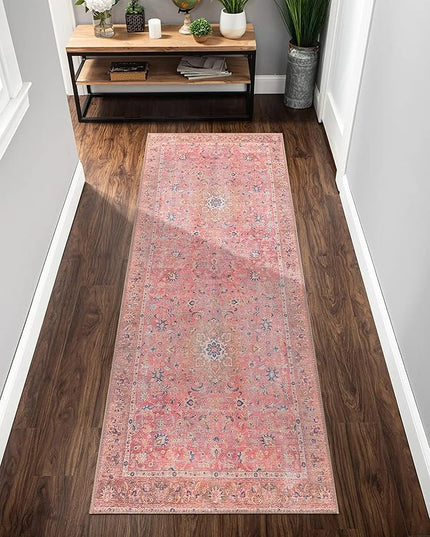 GLN Rugs Traditional Collection - Machine Washable Area Rug, Traditional Washable, Non Slip, Low Pile Chenille Rug, Living Room, Bedroom, Kitchen Rug (2'6"x7' Pink Vintage)